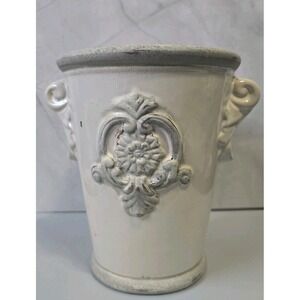 Floral Medallion Vase Or Flower Pot Ceramic Creme With Antique Style Paint